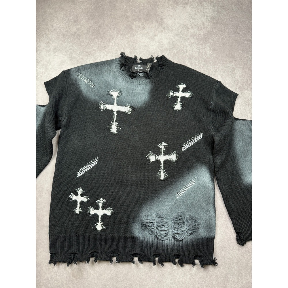 NWT Supermade Mens L Distressed Cross Knit Sweater Black Streetwear Grunge Goth